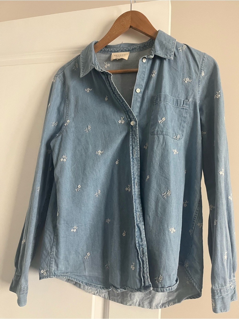 Sezane Light Blue Embroidered Denim Button-Down Shirt